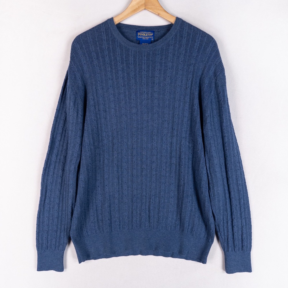Pendleton Mens Sweater Large Blue Cotton Merino Wool Cable Knit Crew Pullover